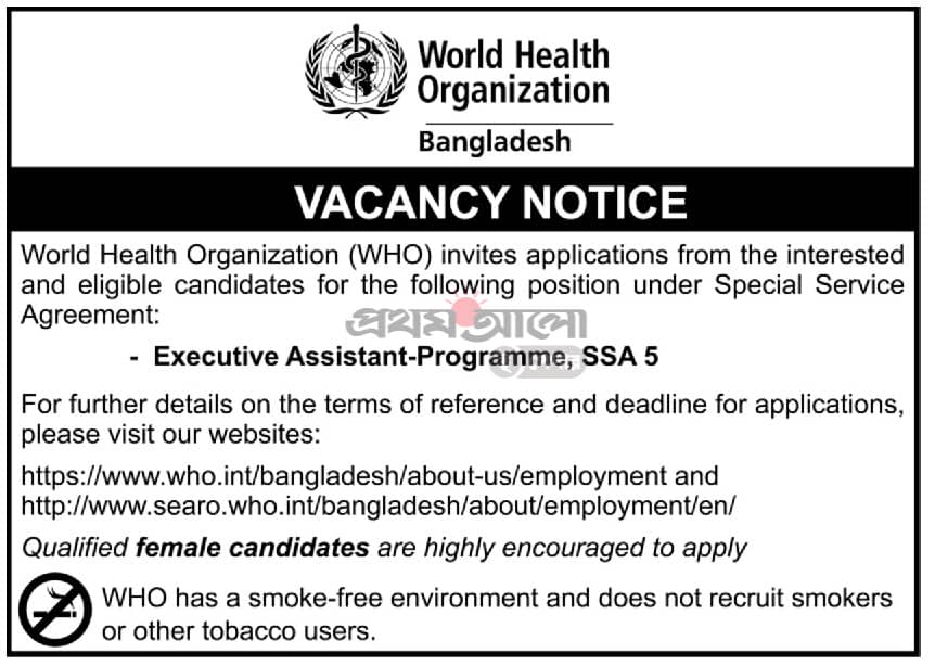 UN job in Bangladesh at WHO for Executive Assistant-Programme